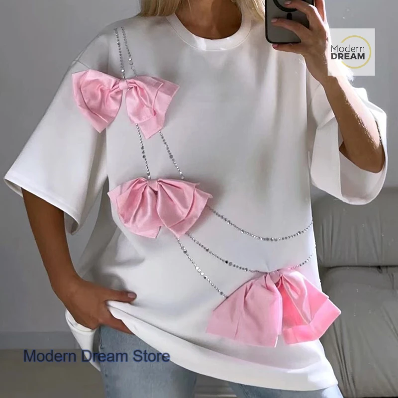 

French dopamine three-dimensional bow design sense rhinestone cotton T-shirt women's summer fashion simple commuter Joker top.