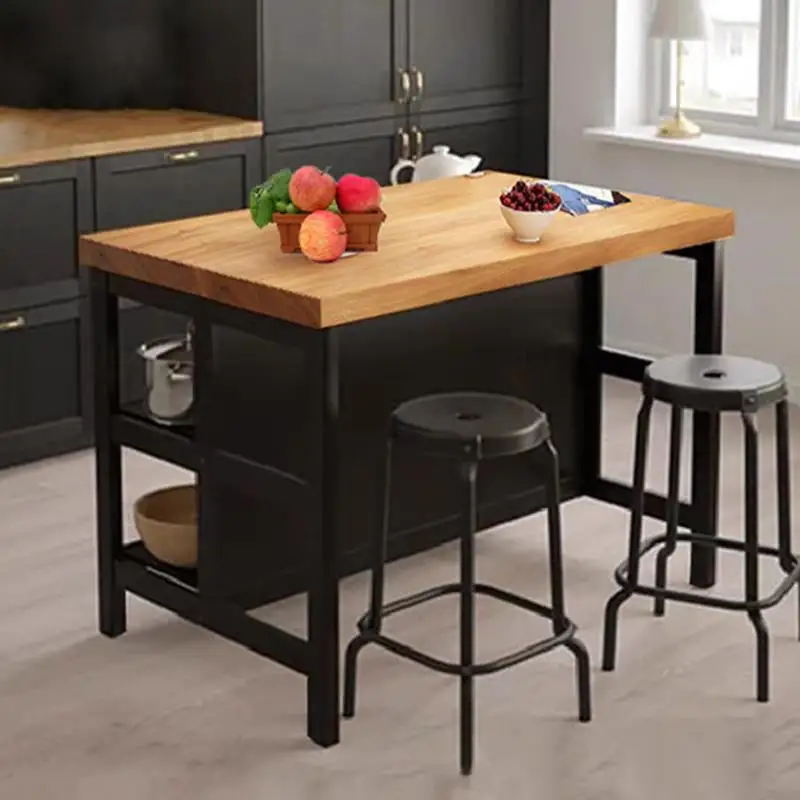 Open kitchen mid-island table removable cooking table household dining table integrated wrought iron solid wood dining side cabi