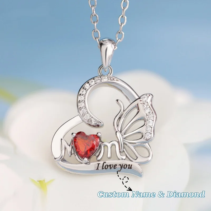 

Custom Name And Birthstone Butterfly Heart DIY Engraved 'MOM' Necklace Fashionable Versatile Mother's Day Gift