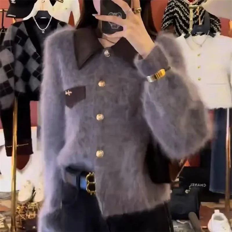 

Y2K Autumn Winter Sweater Jacket 2025 New POLO Collar Single-Breasted Women's Clothes Knitwear Solid Color Fashion Female Coat