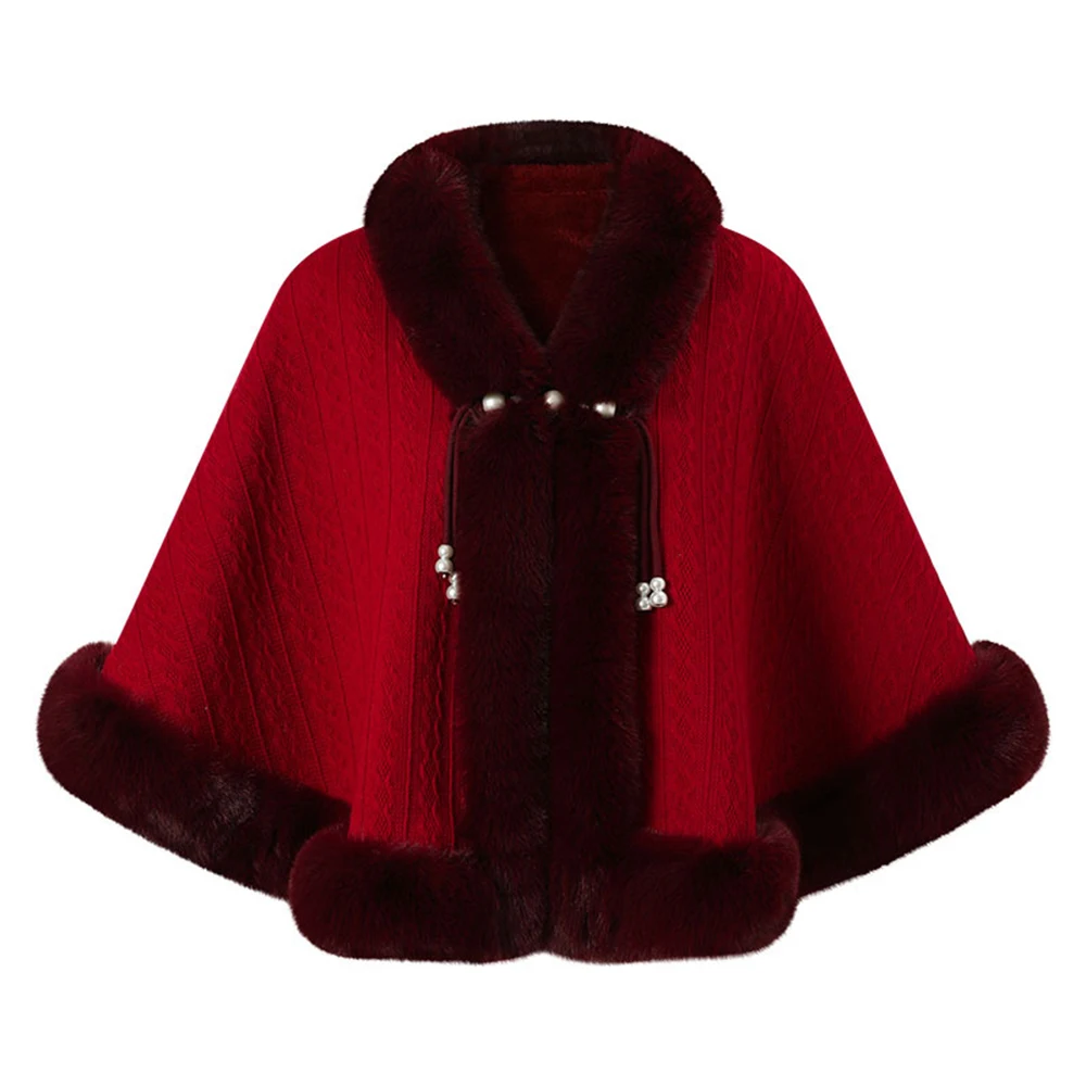 Women Winter Faux Fur Trim Knitted Cape Cloak Outerwear Soft Plush Lining Pearl Button Shawl Poncho Elegant Warm Princess Coat