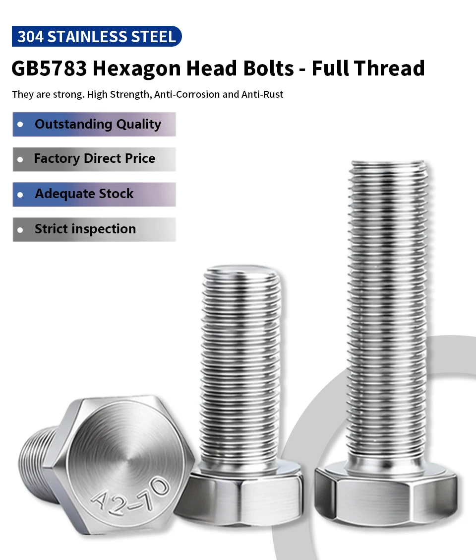 GB5783 304 Edelstahl Sechskantschrauben Vollgewinde A2-70 Metrische Sechskantschrauben Befestigungselemente DIN933 Äquivalent – Detail 1