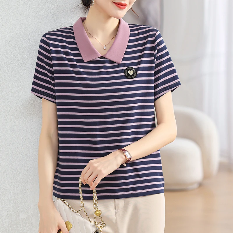 

Новая летняя полосатая футболка 2025 года с коротким рукавом для женщин среднего возраста, больших размеров, модная, с открытым воротником, спортивная, повседневная, женский топ