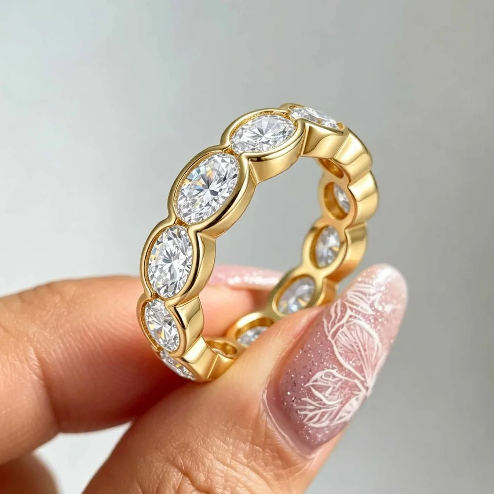 FEOBUR 4*6mm Bezel Moissanite Row Ring for Women 925 Silver Oval Pear Cut Lab Created Diamond Full Eternity Wedding Band Jewelry