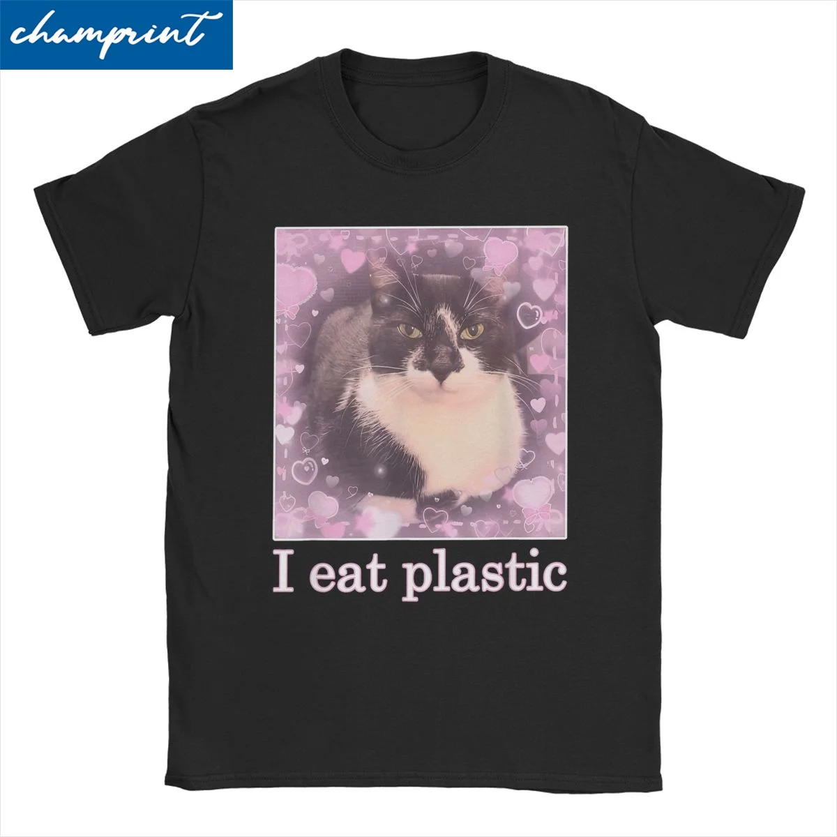 Cat MEME Cute I Eat Plastic Men Women's T Shirt I Eat Cements Tees Short Sleeve Crew Neck T-Shirts Cotton Printed Clothing