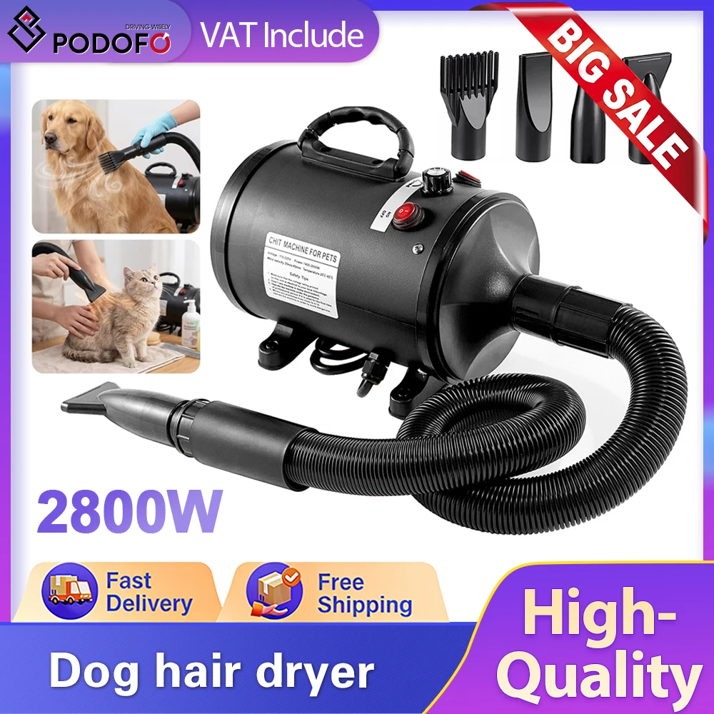 Podofo 5.2HP 2800W Sèche-cheveux pour animaux de compagnie à vitesse réglable, souffleur pour chiens, séchoir à air chaud, séchage rapide et silencieux, avec 4 embouts