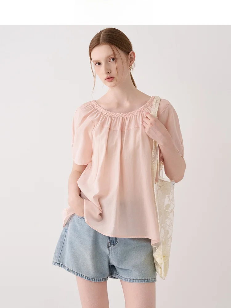 

Ele Pink irt, женская летняя блузка 2023, новинка Ba Bow Design Sensation, свободный крой ort Sve round Ne Pure Color Top