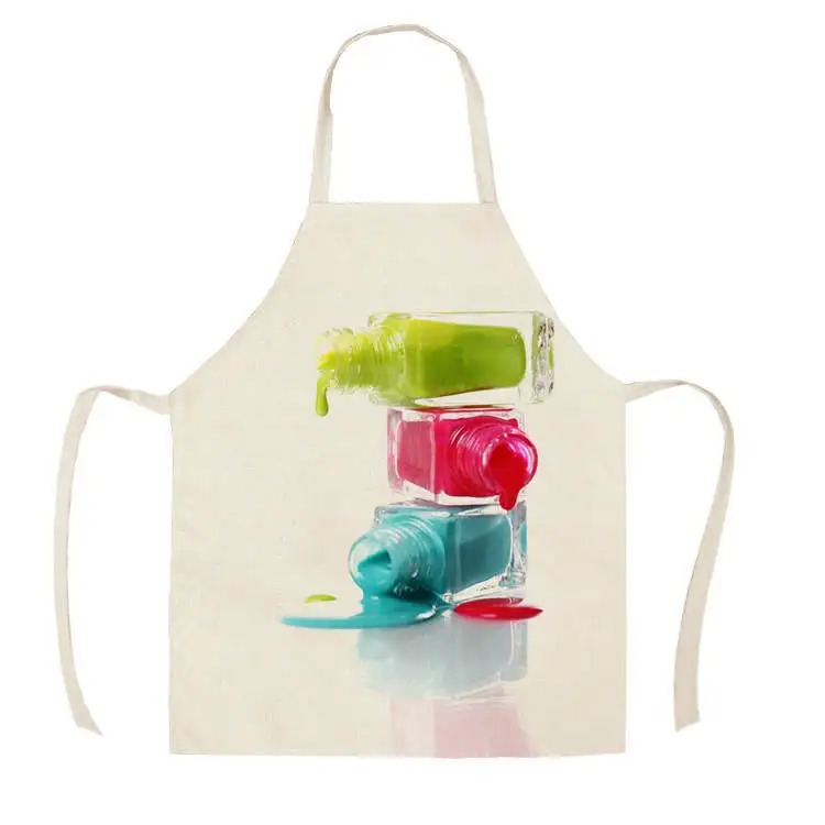 1Pcs Kitchen Apron Color nail polish bottle Printed Sleeveless Cotton Linen Aprons Men Women Home Cleaning Tools 55*68cm