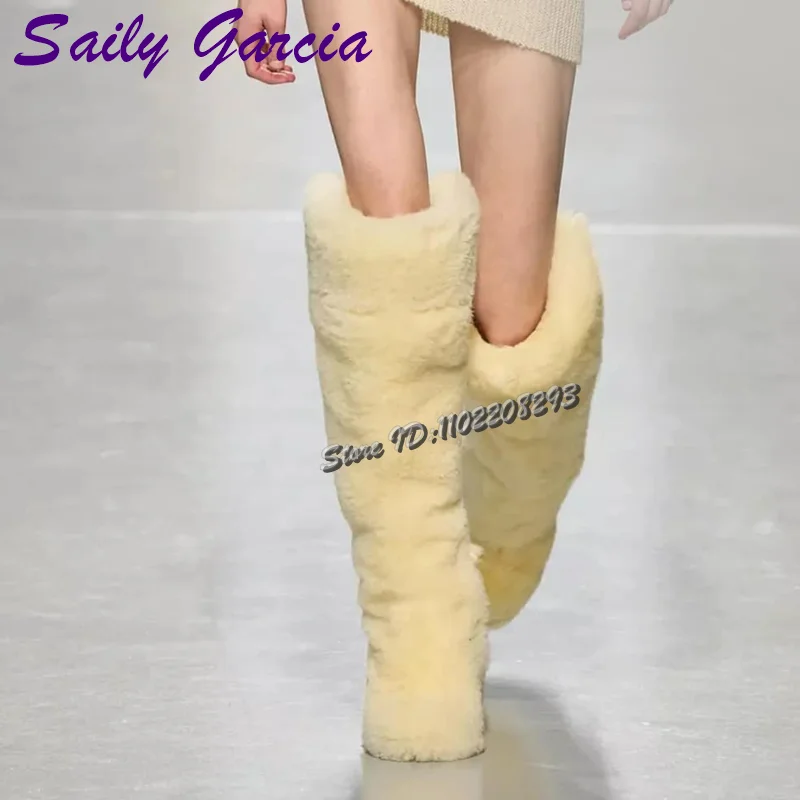 Light Yellow Faux Fur Square Heeled Boots Round Toe Side Zipper  Over-the Knee High Boots 2025 Winter Fashion Warm Women's Shoes