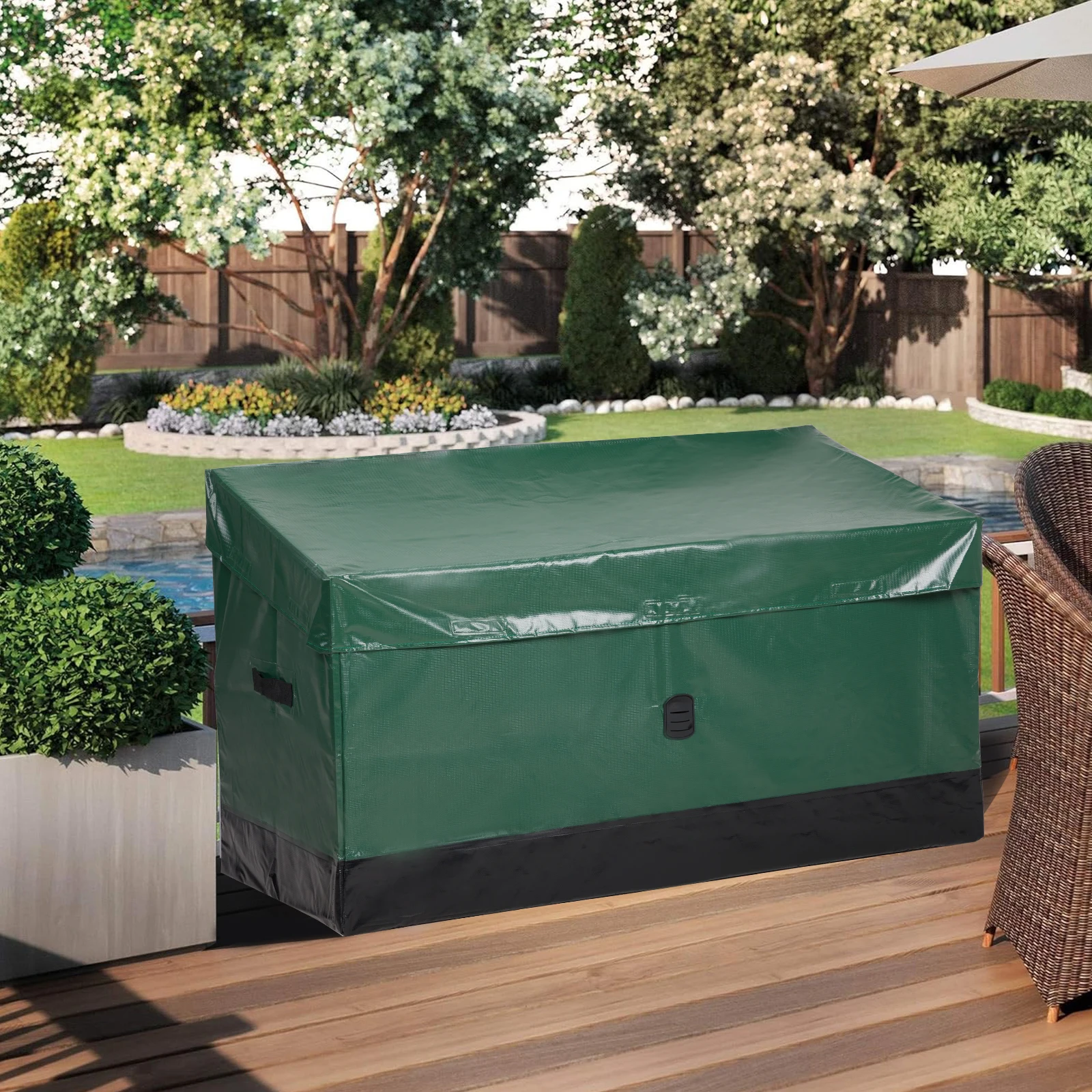 Caixa de deck impermeável de 130 galões, caixa de armazenamento portátil de PVC para uso externo para todos os climas, perfeita para acampamento, barco, jardim, piscina, quintal