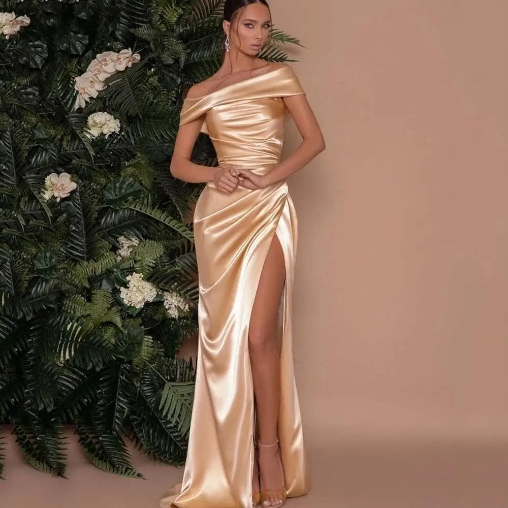 2024 Evening Dress Long Off The Shoulder Satin Elegant Women High Split Ruched Bust Waist Prom Gowns Party Sexy Formal Ocassion