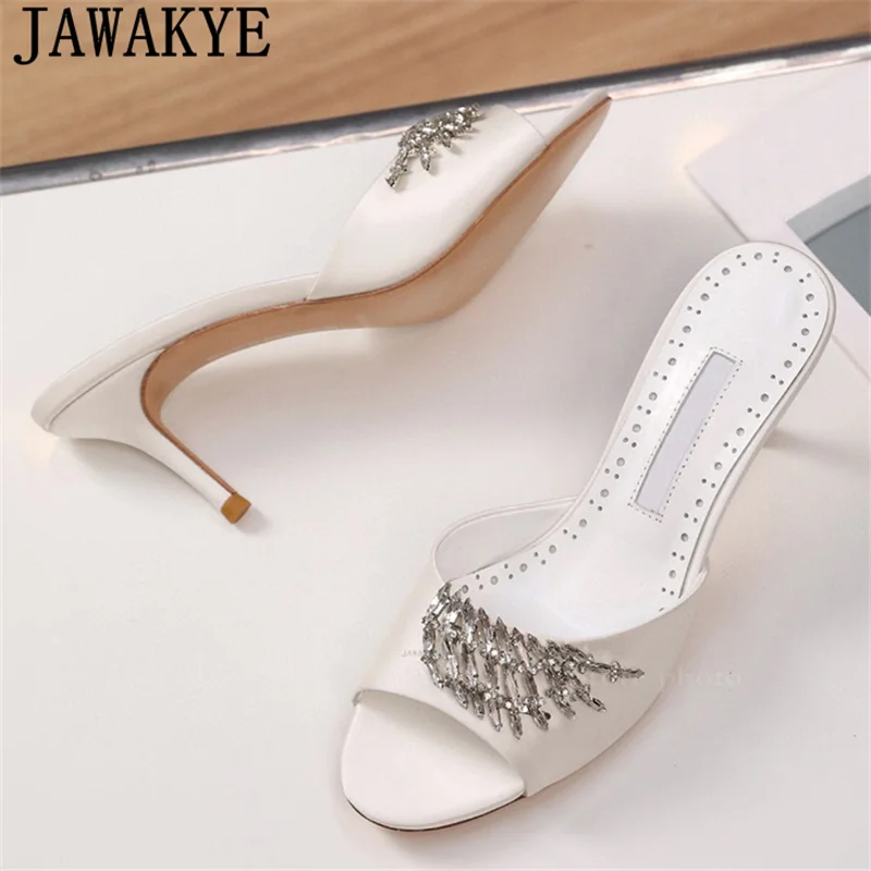 Satin Open Toe Thin High Heels Slippers Women Luxury Rhinestone Designs Mules Slippers Summer Sexy Dress Party Shoes