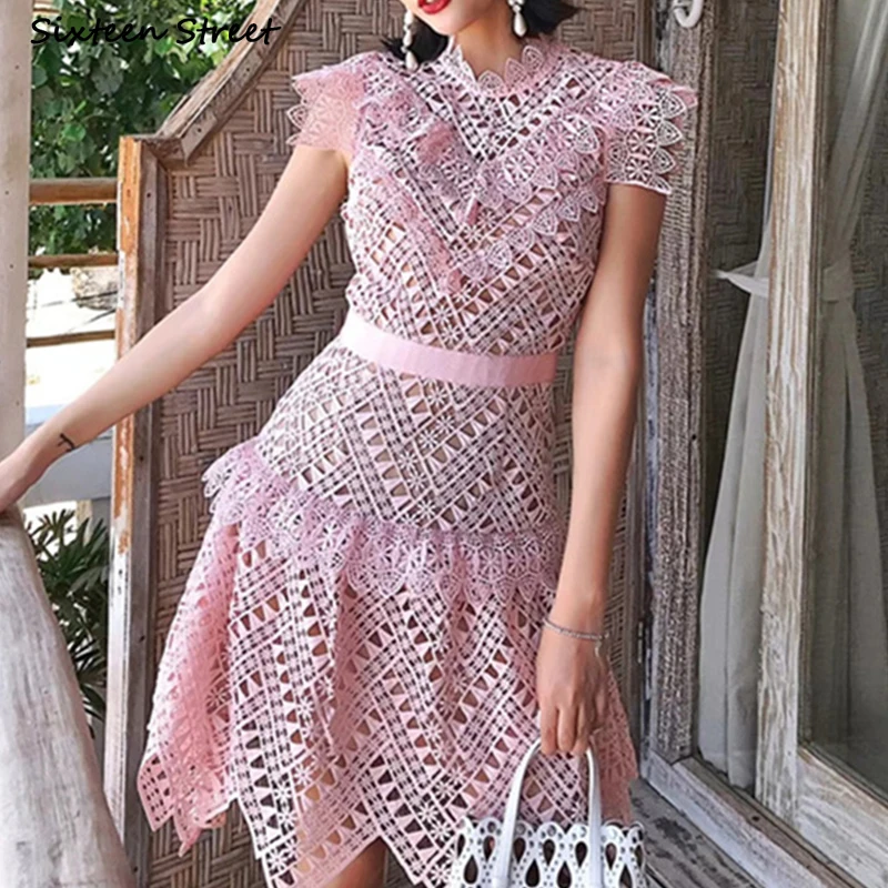 Vintage Pink Dress for Women Summer High Waist O-neck Party Dresses Female Vacation Irregular Lace Hook Hollow Clothing Spring