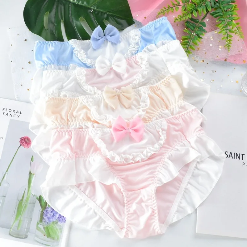 

Large Size Women Milk Silk Cute Lovely Sweety Princess Style Lolita Bow Ruffles Panties Elasticity Candy Colors Underwear