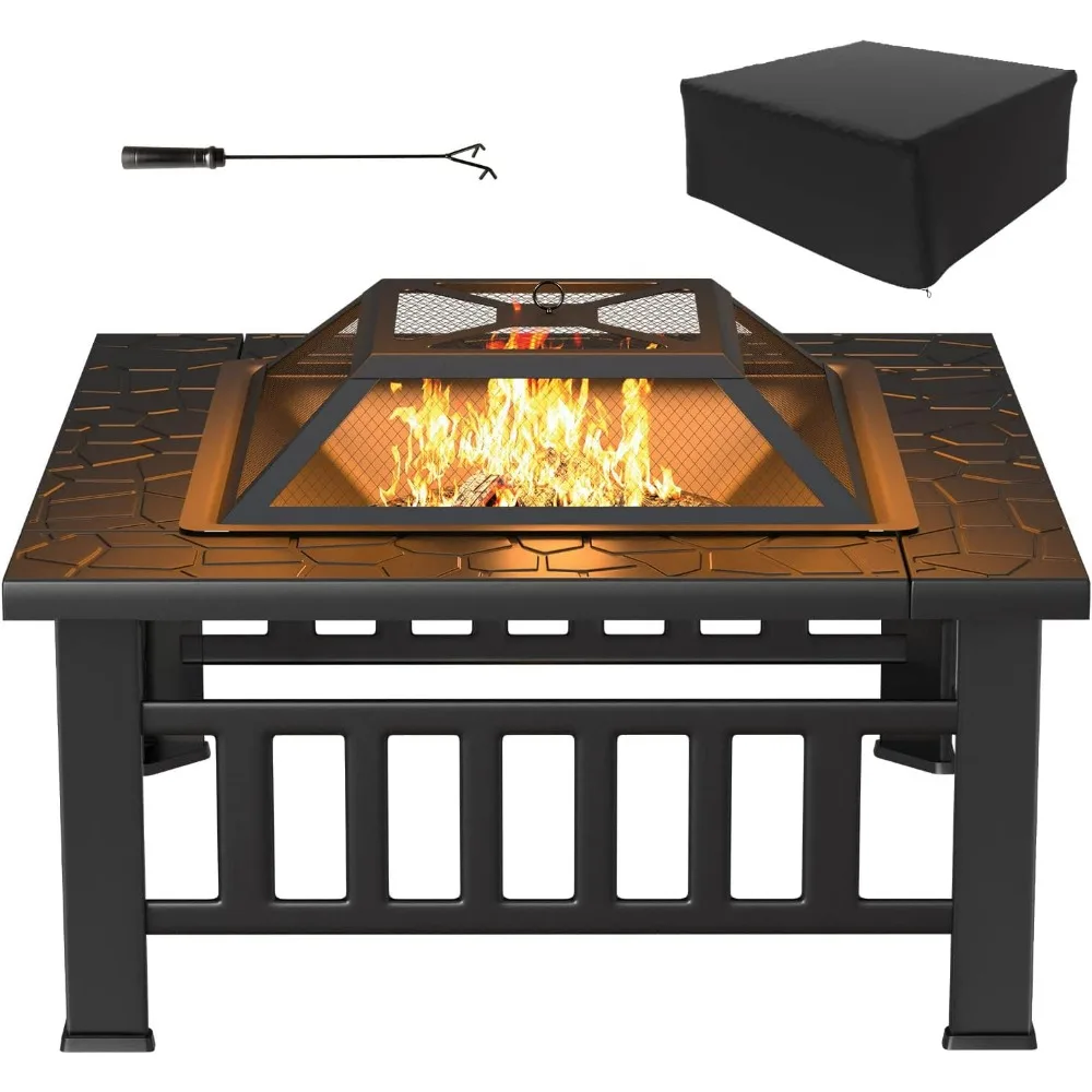 Tuoze 32-Inch Black Metal Firepit Table - Waterproof Cover Multifunctional for Patio Garden Camping BBQ Backyard Outdoor Heating