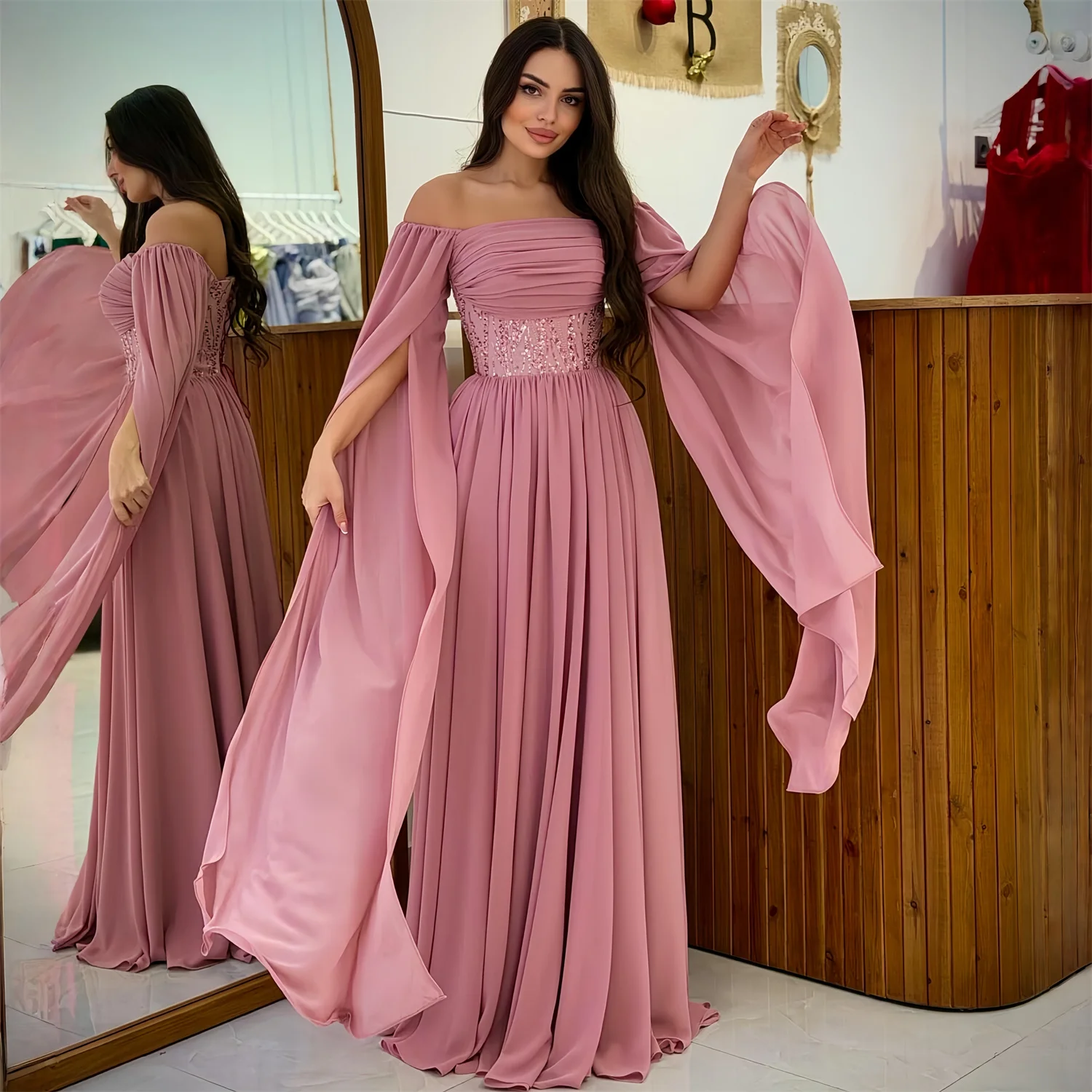 

EDECPBM Sequined Evening Dress Women Sexy American Style Pink Chiffon Formal Events Party Customized New Collection Latest