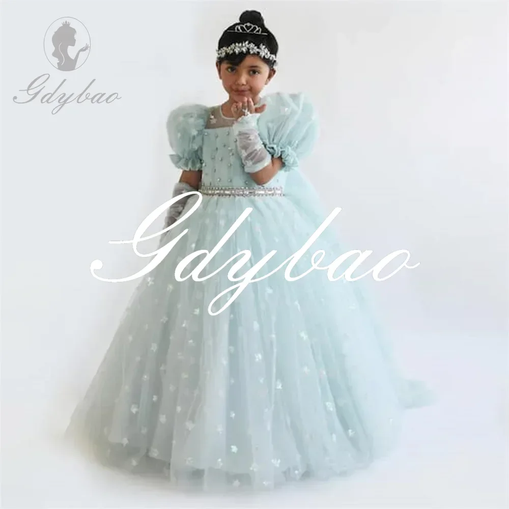 Beading Applique Luxury Pleat A Line Flower Girl Dress Puff Sleeve Bow Floor Length Formal First Communion Gown Customized