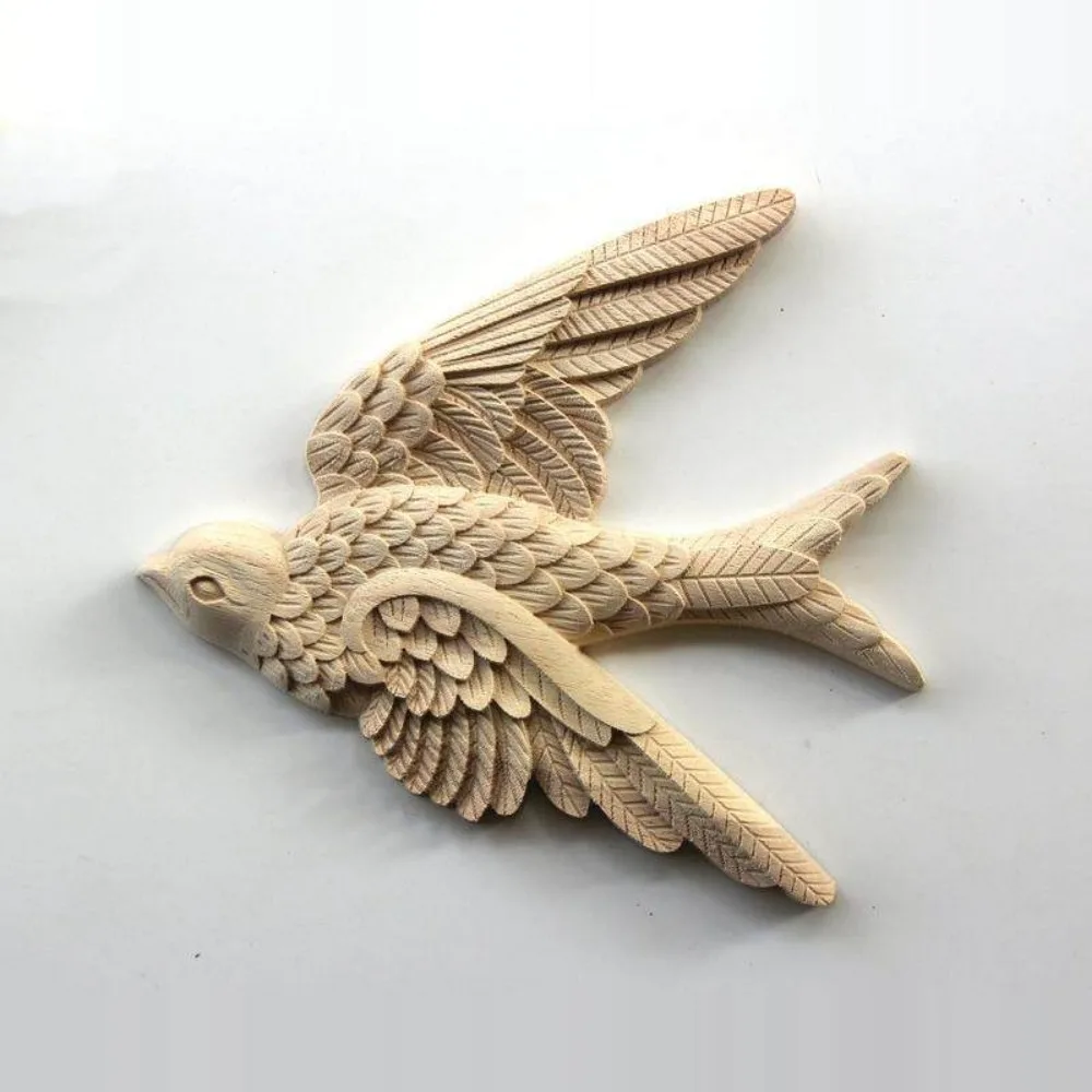 Wood Carving Small Swallow Solid Wood Relief Flower Piece Furniture Background Wall Decoration Flying Bird for DIY Craft