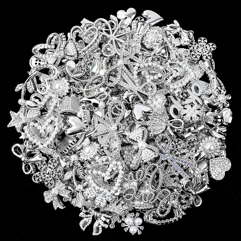 Random Silver Color Shiny Rhinestone Pearl Mix Plastic Charms