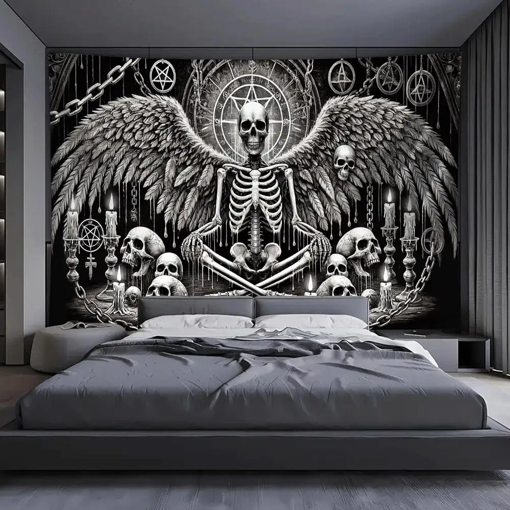 VIKAMA Gothic Skeleton Angel Tapestry Black White Occult Pentagram Wall Hanging for Halloween Spooky Decor Wall Hanging Tapestry