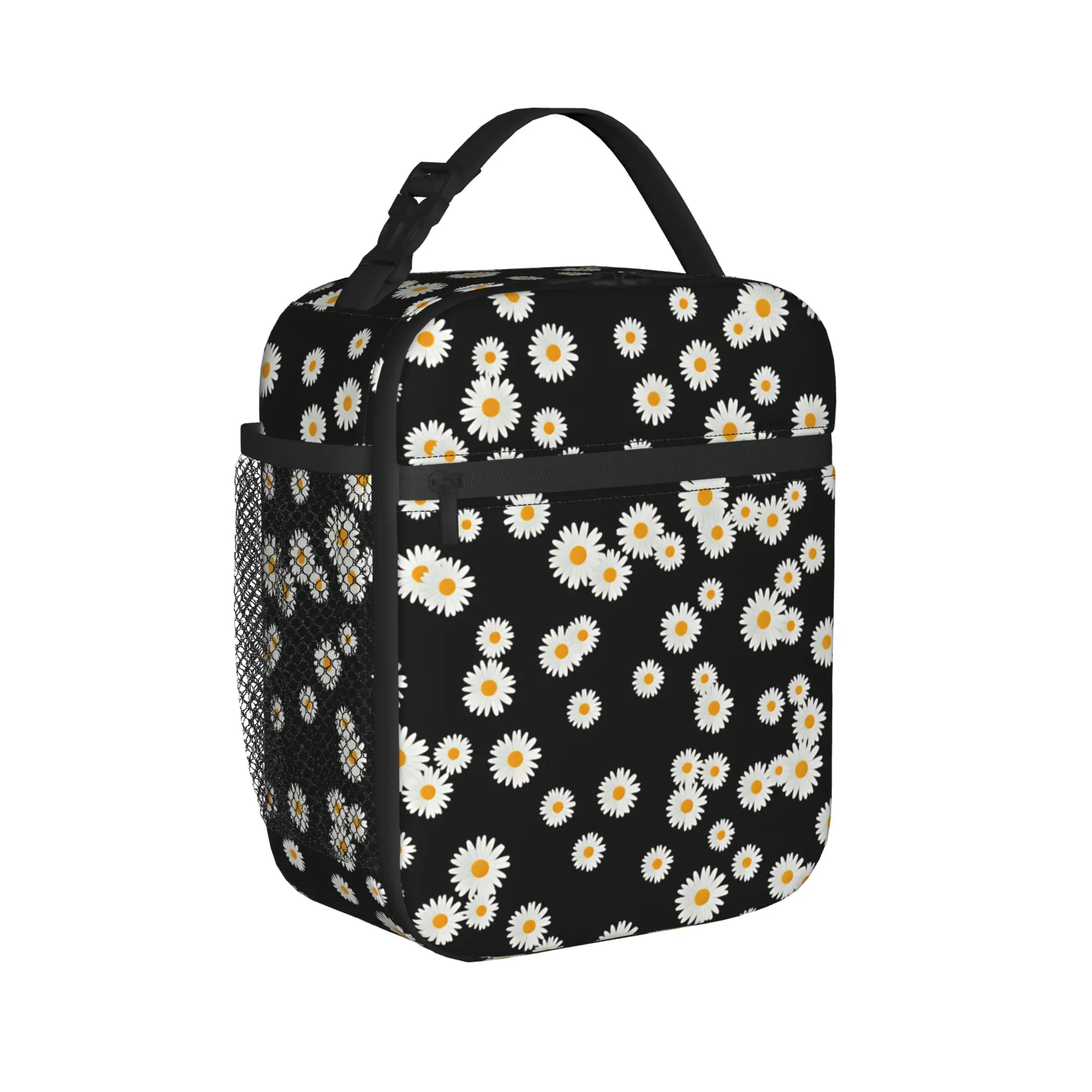 Daisy Scatter Black Background Lunch Bag Outdoor Picnic Lunch Box For Child Thermal Lunch Bags Oxford Portable Zipper Cooler Bag