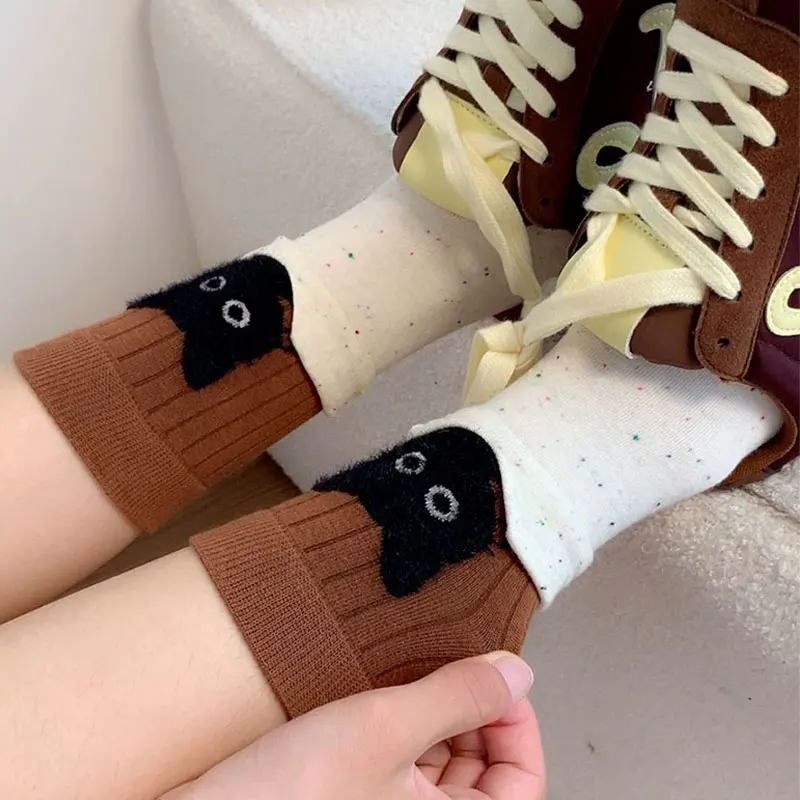 

Japanese Cartoon Cat Socks Spring Autumn Korean Trendy Two Wear Sock Winter Cute Plush Pile Up Color Versatile Long Socks