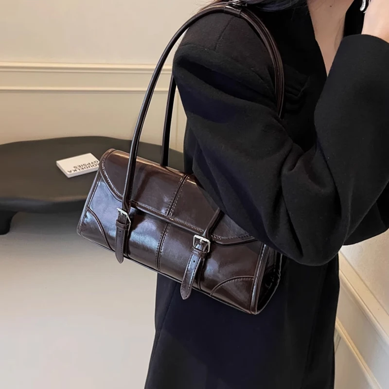 FOXER Women's Genuine Leather Retro Flap Baguette Bag 3-in-1 Set Buckle Strap Zipper Shoulder Crossbody Handbag Detachable Strap