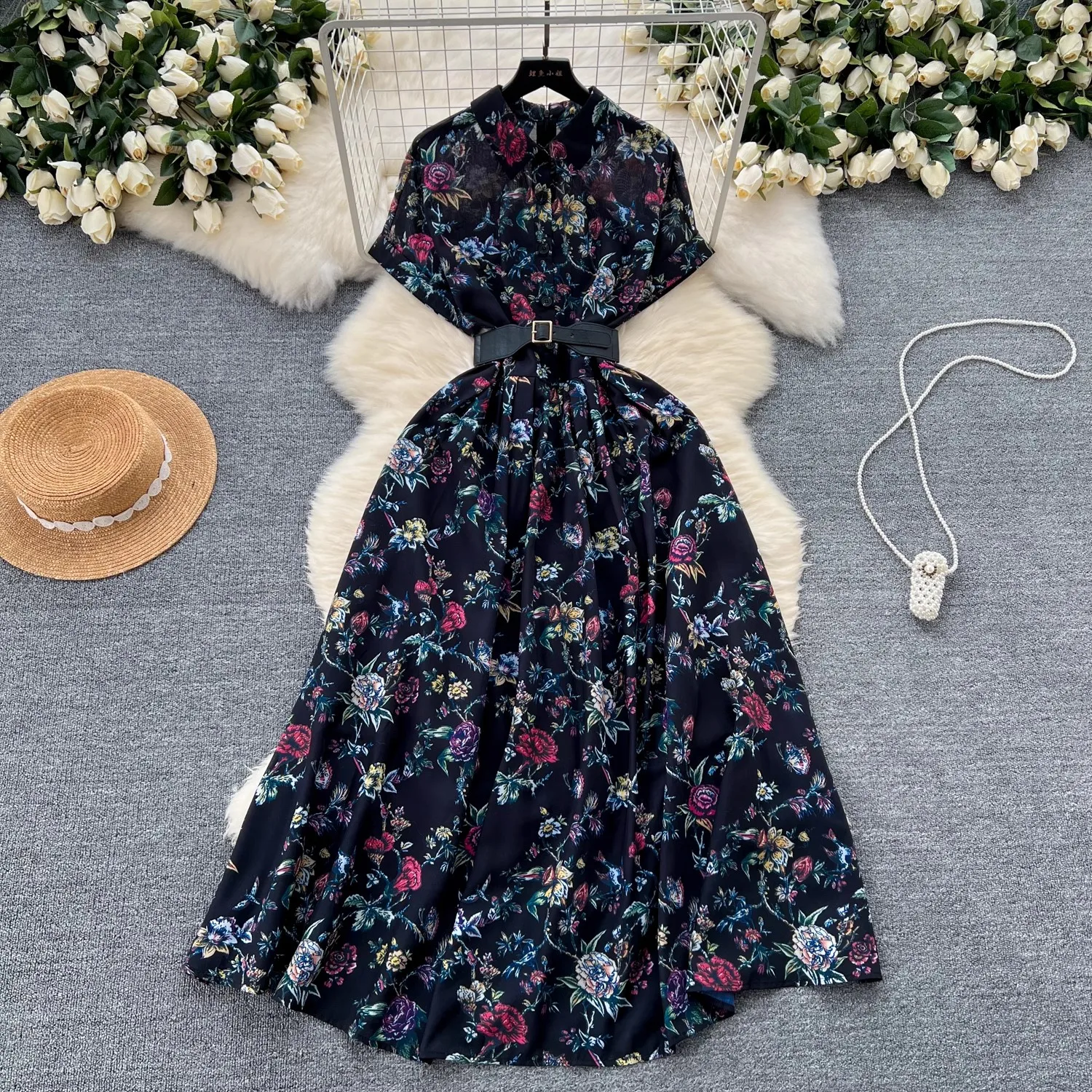 French Vintage Print Lapel Dress Women's Short Sleeve Floral Print High Waist Belt Office Lady Maxi Clothing Female Vestidos