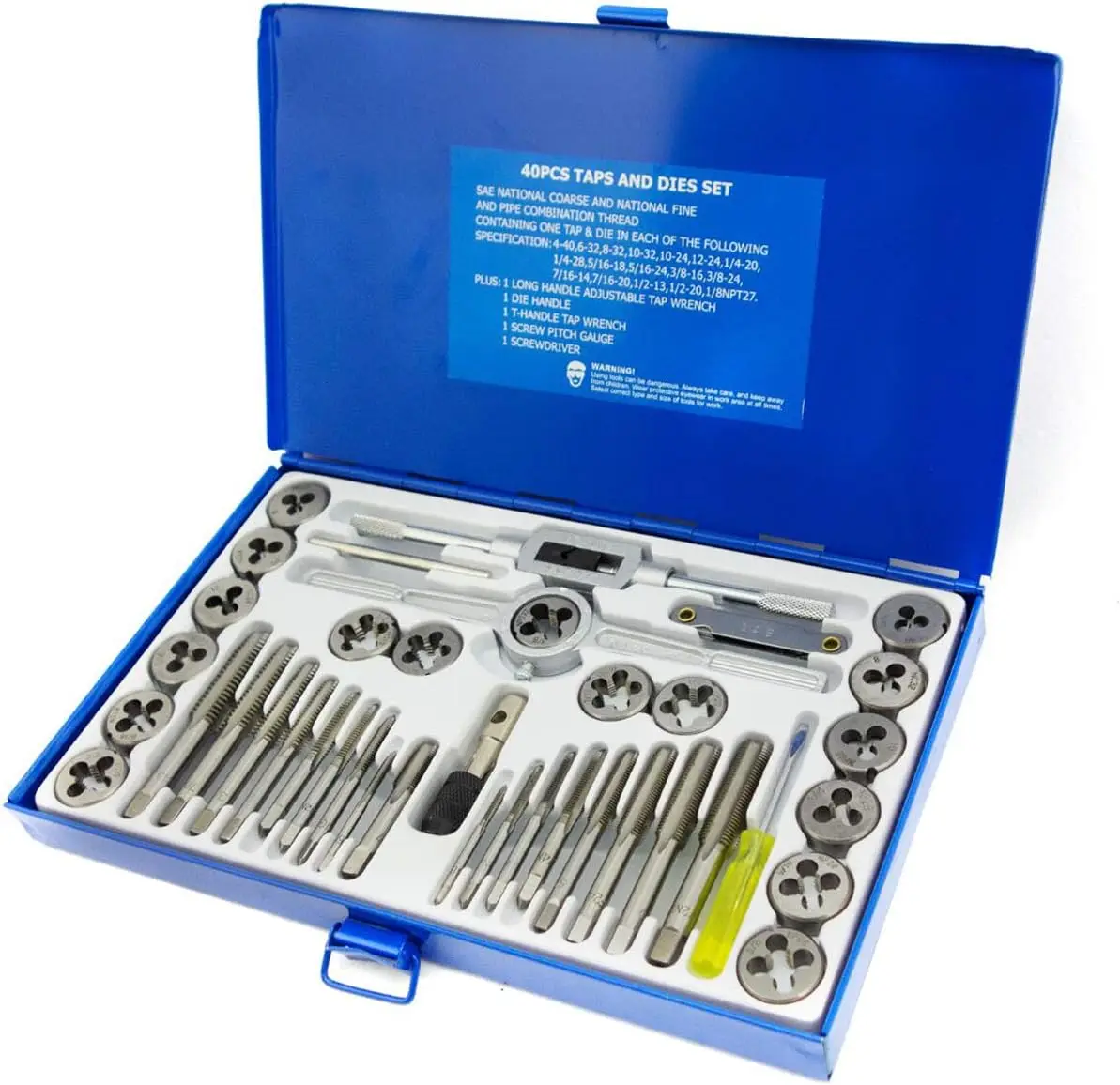 

Tap and Die Set 40 PCS Alloy Steel, SAE Inch Size for External & Internal Threads Repair