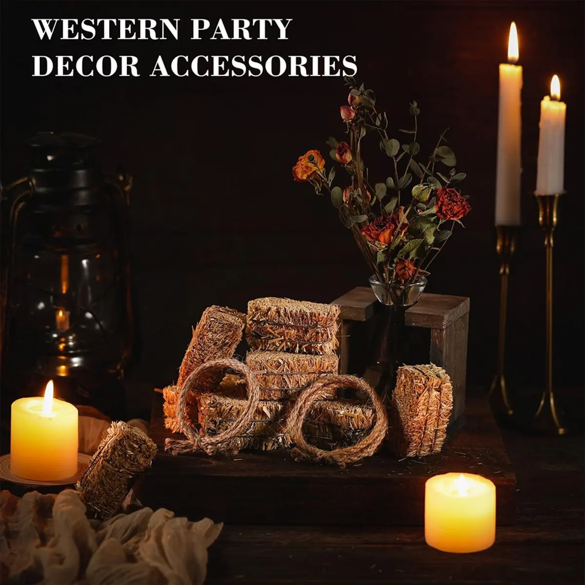 A67T NEW 24Pcs Western Themed Party Decorations 12 Decorative Hay Bales with 12 Twisted Hemp-Rope for Cowboy Table Centerpieces