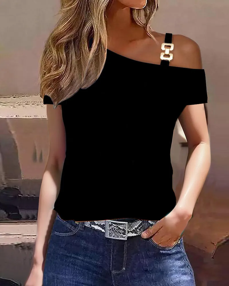 Tshirts Superior Quality spring/summer Off Shoulder Patchwork Chain Sling Fashionable Ladies Tops Dropshipping YFL004