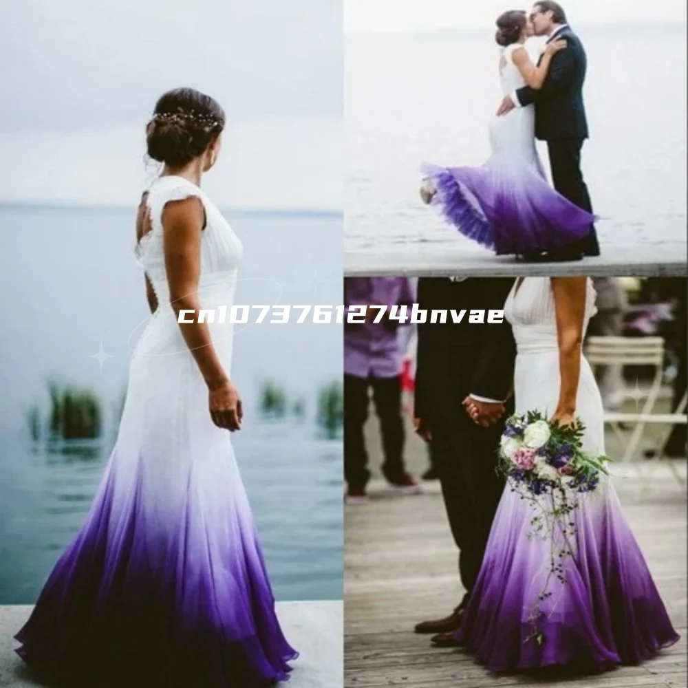 Colorful Boho Wedding Dress Open Back V-neck white And Purple Pastrol Mermaid Bridal Gown Customized