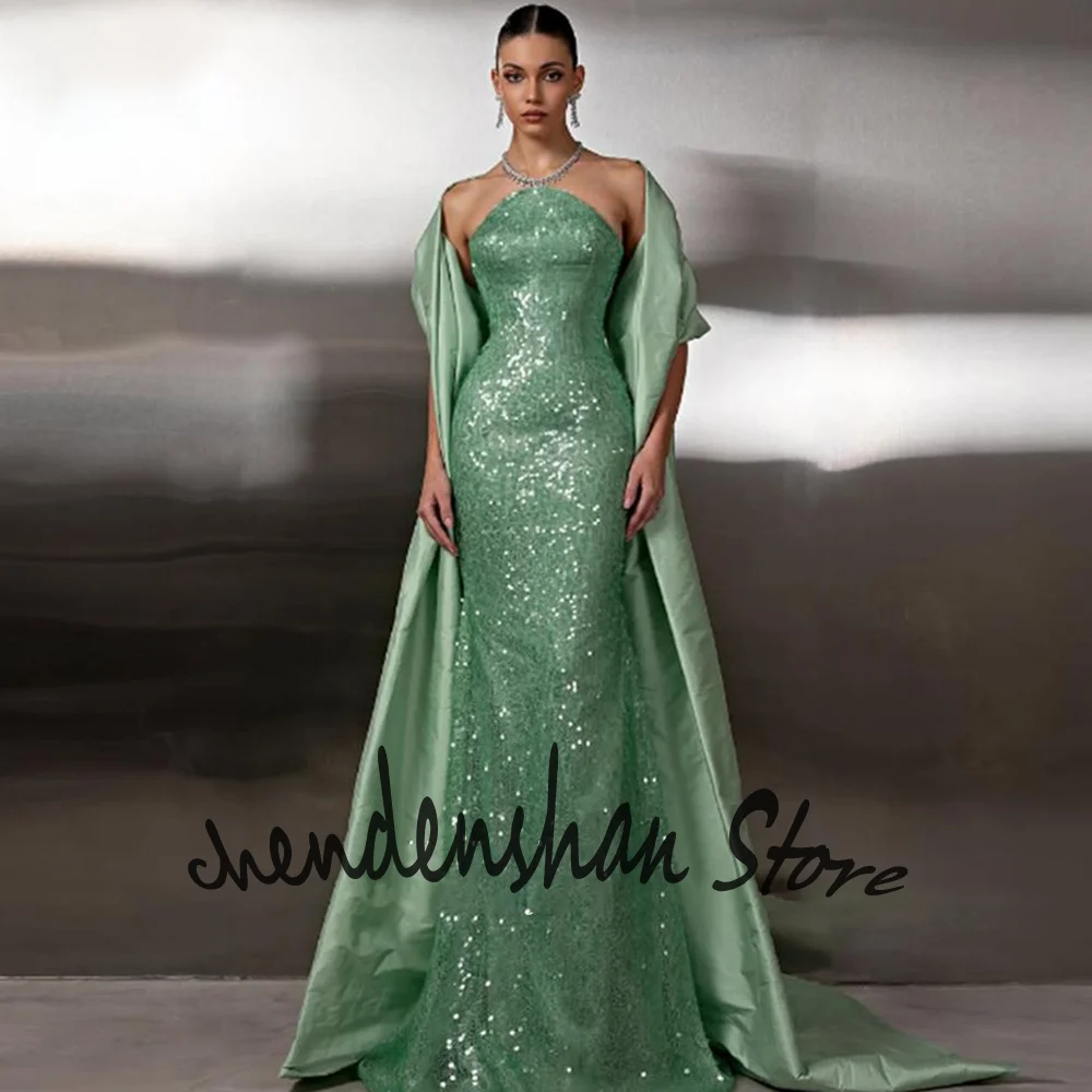 

Гламурные женские светло-зеленые платья русалки с пайетками и накидкой, блестящее платье для выпускного вечера без бретелек для официальных вечерних вечеринок