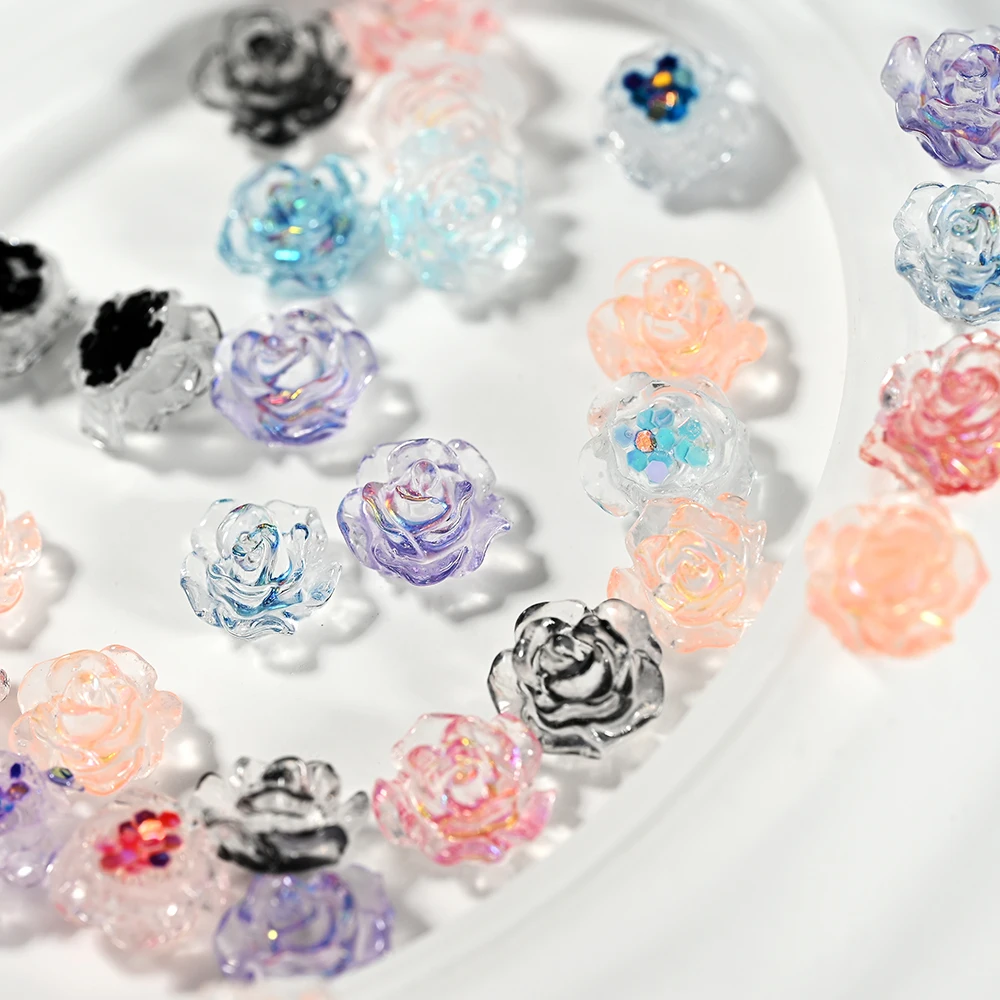 100pcs เรซิ่น Glitter Rose flatback ดอกไม้ Rhinestone อัญมณี arylic Camellia เครื่องประดับงานแต่งงาน Figurine งานหัตถกรรมแบบปะผ้า DIY เล็บ *