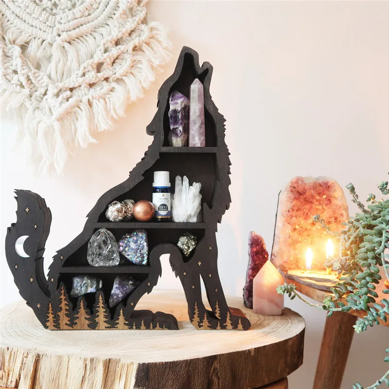 

Wolf Crystal Display Shelf Handicraft Wooden Storage Ornament Home Decoration Accessories Bedroom Living Room Halloween Decor