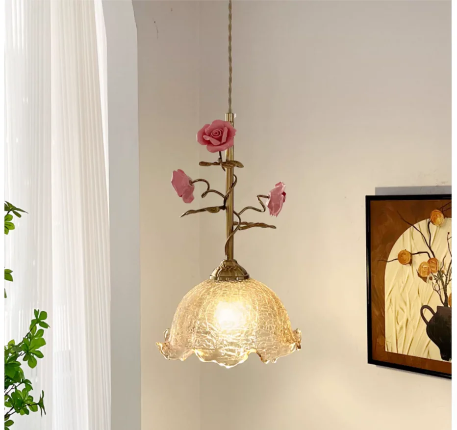 French Floral Decora Pendant Lamp Bedroom Dinning Living Room Glass Shade Pendant Light Luminaria Kitchen Hanging Lamp Fixtures