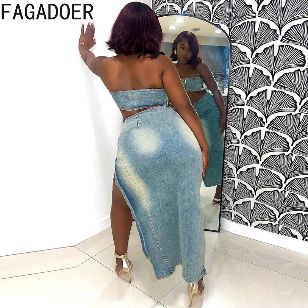 Fagadoer Mode personal isierte Trend Streetwear Frauen Denim Gürtel ärmellose rücken freie Tube und Reiß verschluss Schlitz dünne Röcke Outfits