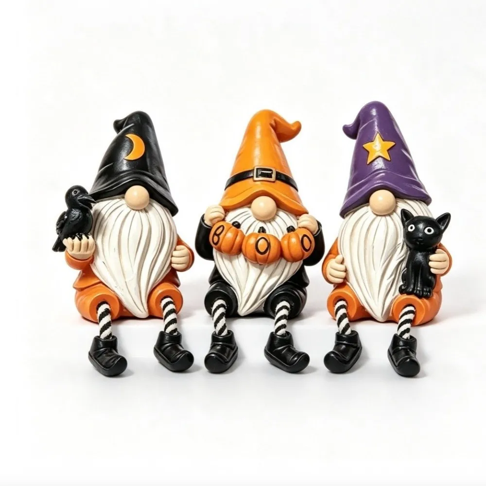 Hand-Painted Halloween Gnome Shelf Sitter Spooky Pumpkin Crow Black Cat Gnome Figurine Resin Striped Legs