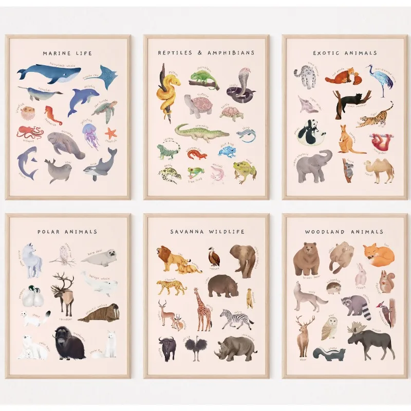 (2D Canvas Painting) Animal Kingdom Watercolor Educational Cat Dog Bird Insect Breeds Canvas Painting Nursery Wall Art Montes