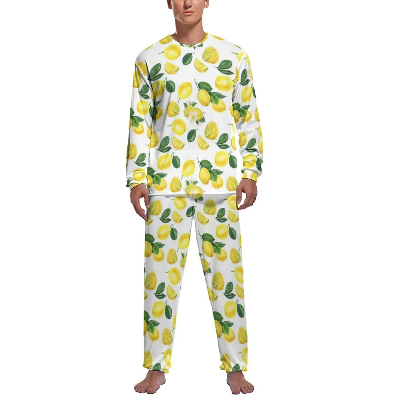 

Yellow Lemon Print Pajamas Long Sleeve Watercolor Fruit Pattern 2 Piece Leisure Pajamas Set Daily Man Design Lovely Sleepwear