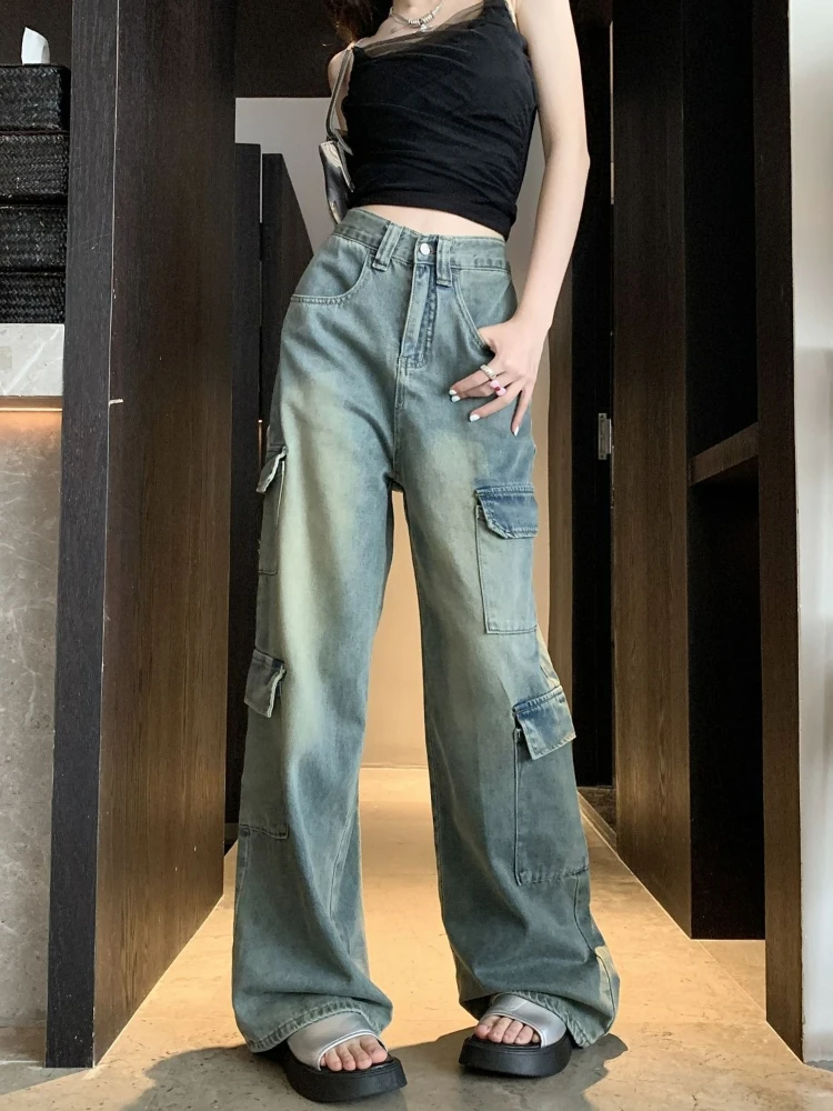 Retro American Multi Pocket Work Pants Women Sweet and Edgy Loose Fit High Waist Flare Trousers