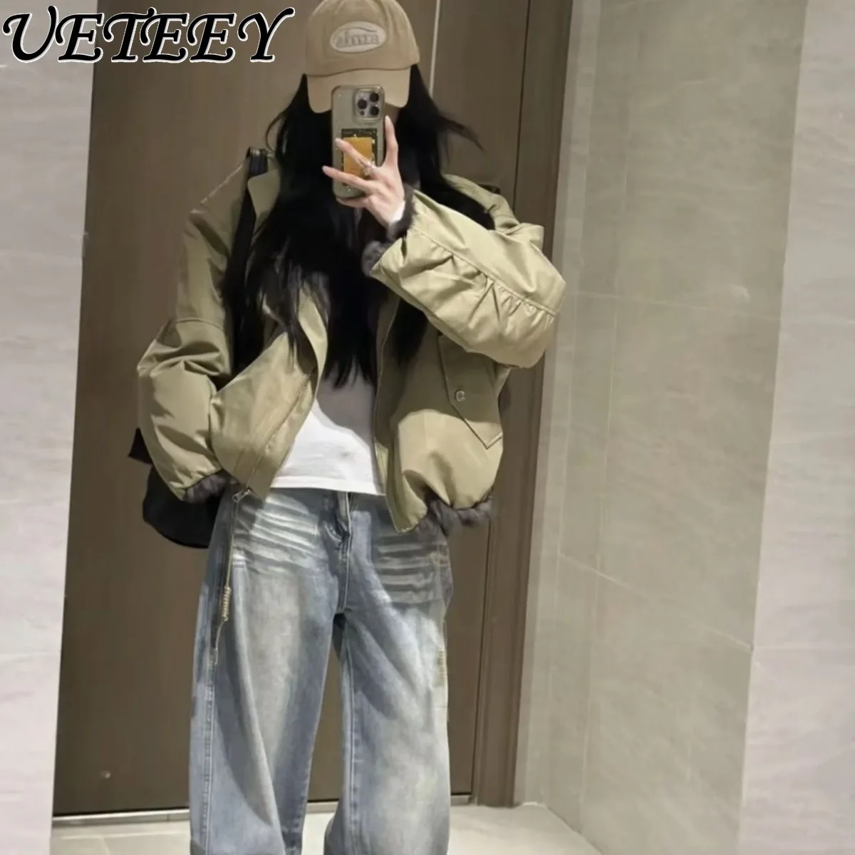 

European Style Stand Collar Zipper Reversible Rabbit Fur Parkas Jacket Winter New Loose Fashion Casual Short Coat for Women