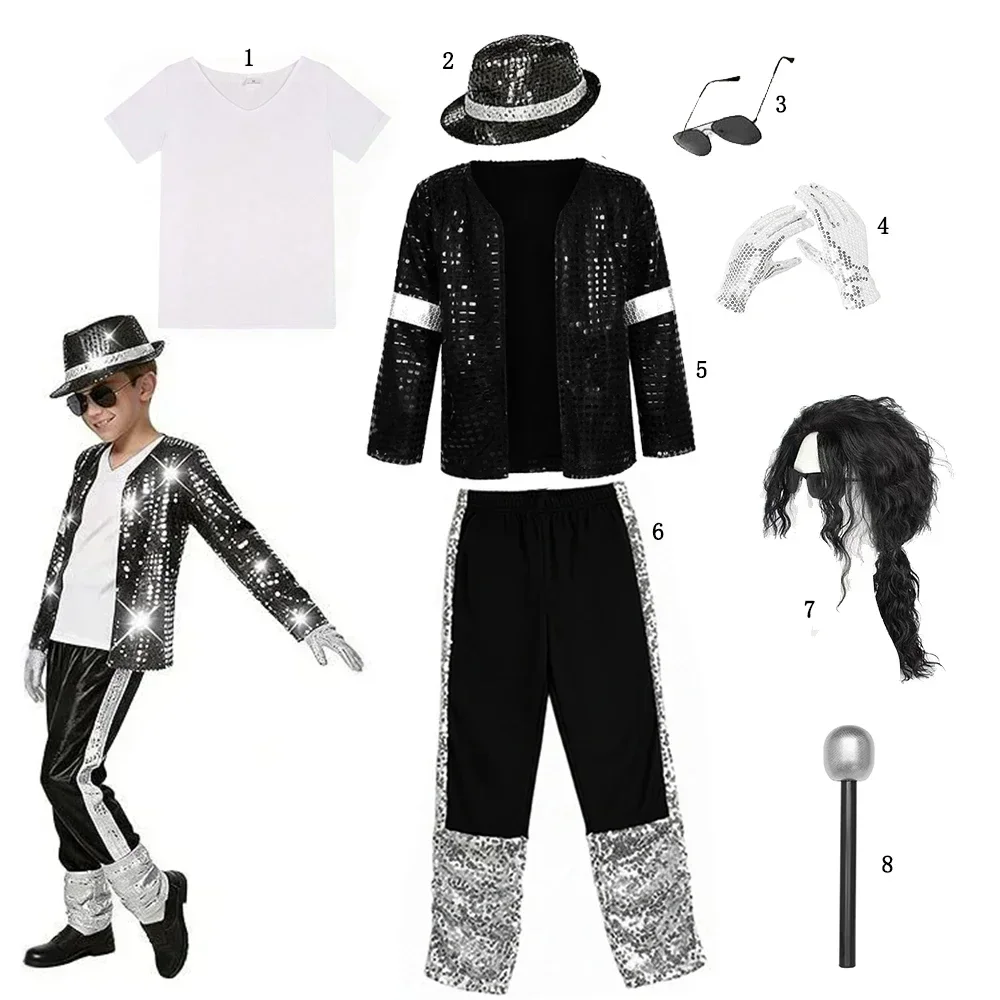 Retro Disco Pailletten-Kostüm für Jungen, Tanz-Performance-Outfit, Glitzermantel, Hose, Hut, Handschuhe, Halloween-Cosplay-Kleidung – Detail 6