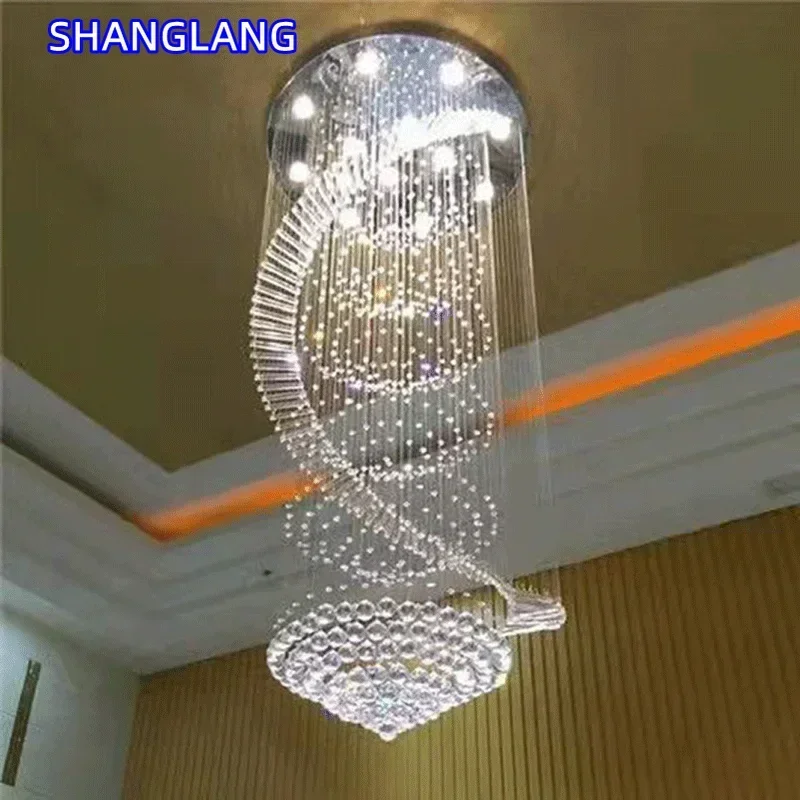 Modern Long LED Crystal Pendant Chandeliers for Spiral Staircase Stair Showcase Lighting Bedroom Living Room Home Decor Lamp