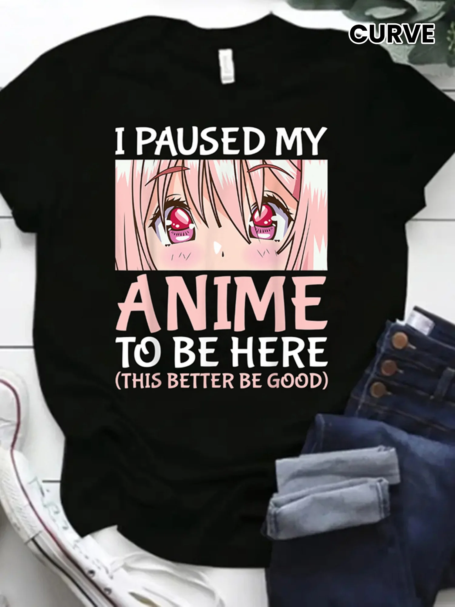 Camiseta con estampado Otaku Merch "Pause My Anime to Be Here" - Pantalón corto informal de manga corta con cuello redondo de poliéster para mujer