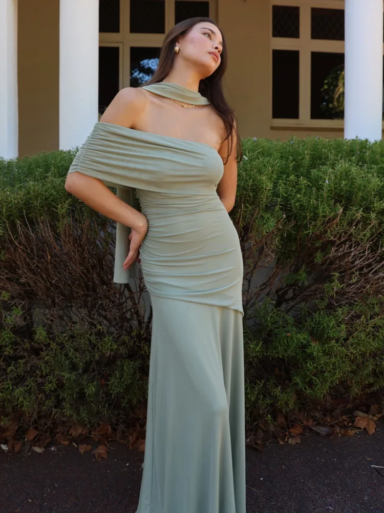 

Autumn Strapless Ruched Elegant Fashion Solid Slim Patchwork Club Party Dress Mesh Off-shoulder Scarf Sexy Maxi Dress
