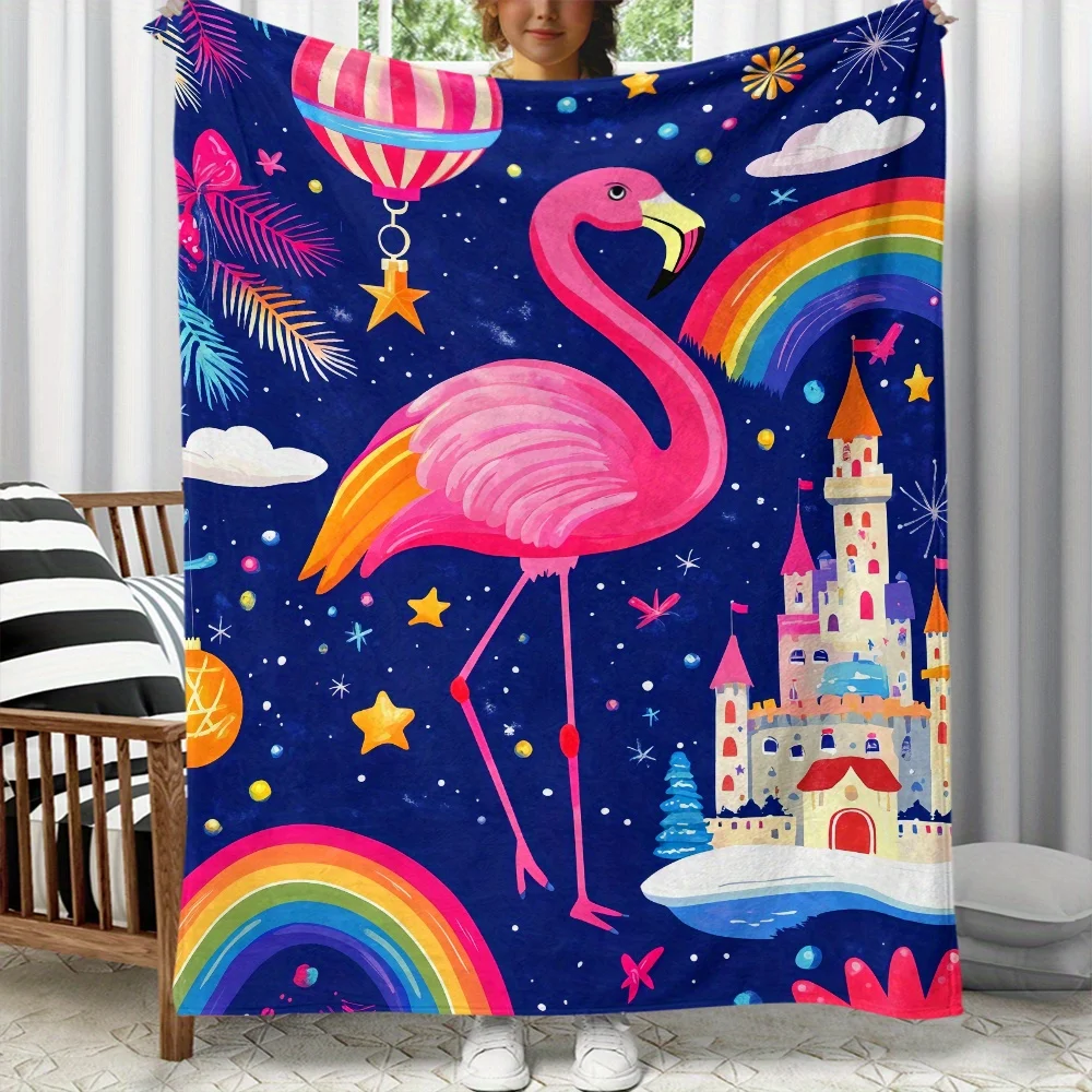 Pink Flamingo Rainbow Castle Hot Air Balloon Night Sky Stars Fleece Blanket Whimsical Fantasy Design Soft Flannel Throw KidsRoom