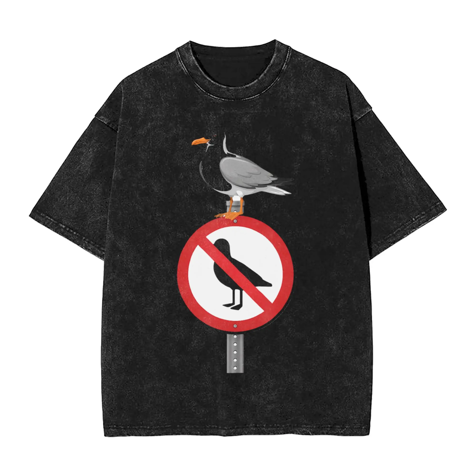 No Seagulls Allowed Sign Funny Beach Humor  T Shirt Hip Hop Washed Cotton Street T-Shirts  Cool for Men Women Streetwear