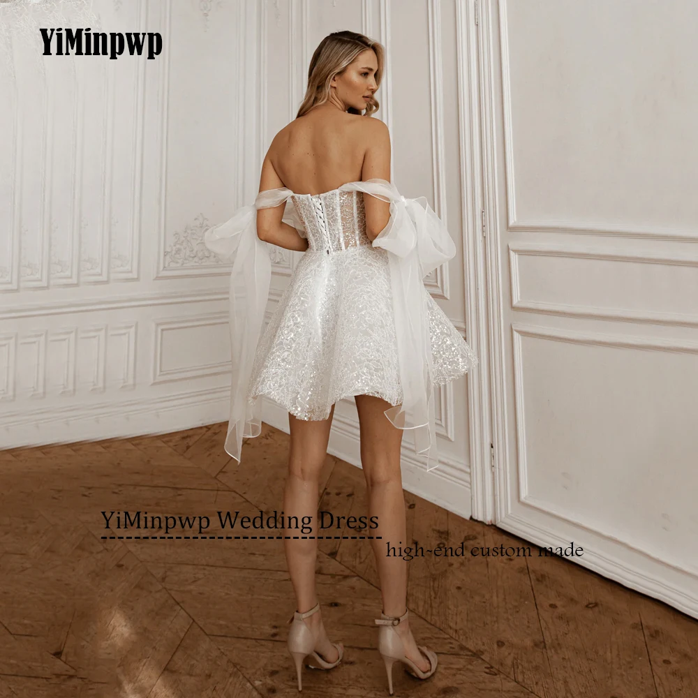 Mini Shiny Wedding Dresses Sequined A-Line Sweetheart Corset Bride Gowns Customized Wedding Party Gown Above Knee Customized