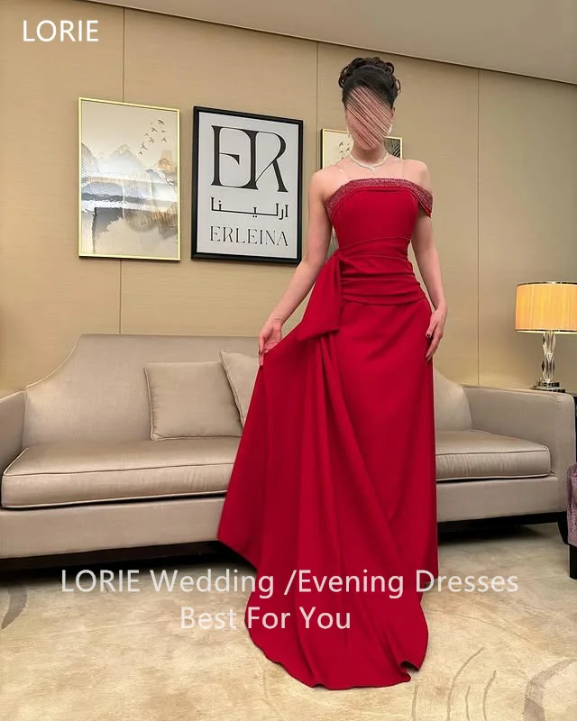 LORIE Elegante rote Partykleider mit Perlenstickerei, schulterfrei, Abendkleid, A-Linie, Ballkleider, individuell gestaltet